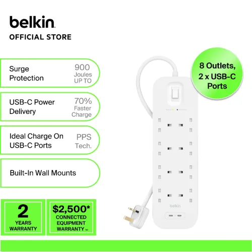 Belkin-Connect-USB-C-&-USB-A-充電-8-位防雷保護拖板-(1-x-USB-C-及-1-x-USB-A)(SRB003af2M-MY)